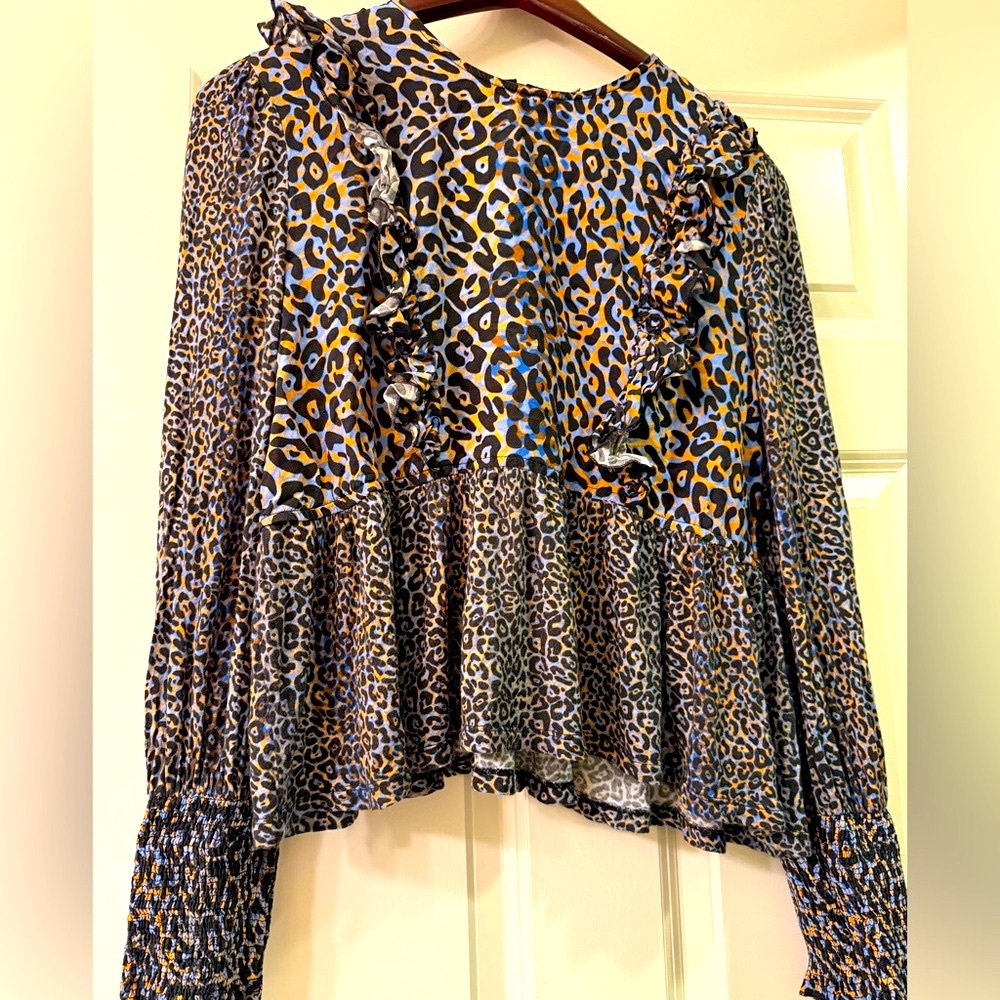 Anthropologie Bl-nk Moira Ruffle Peplum Leopard Blouse